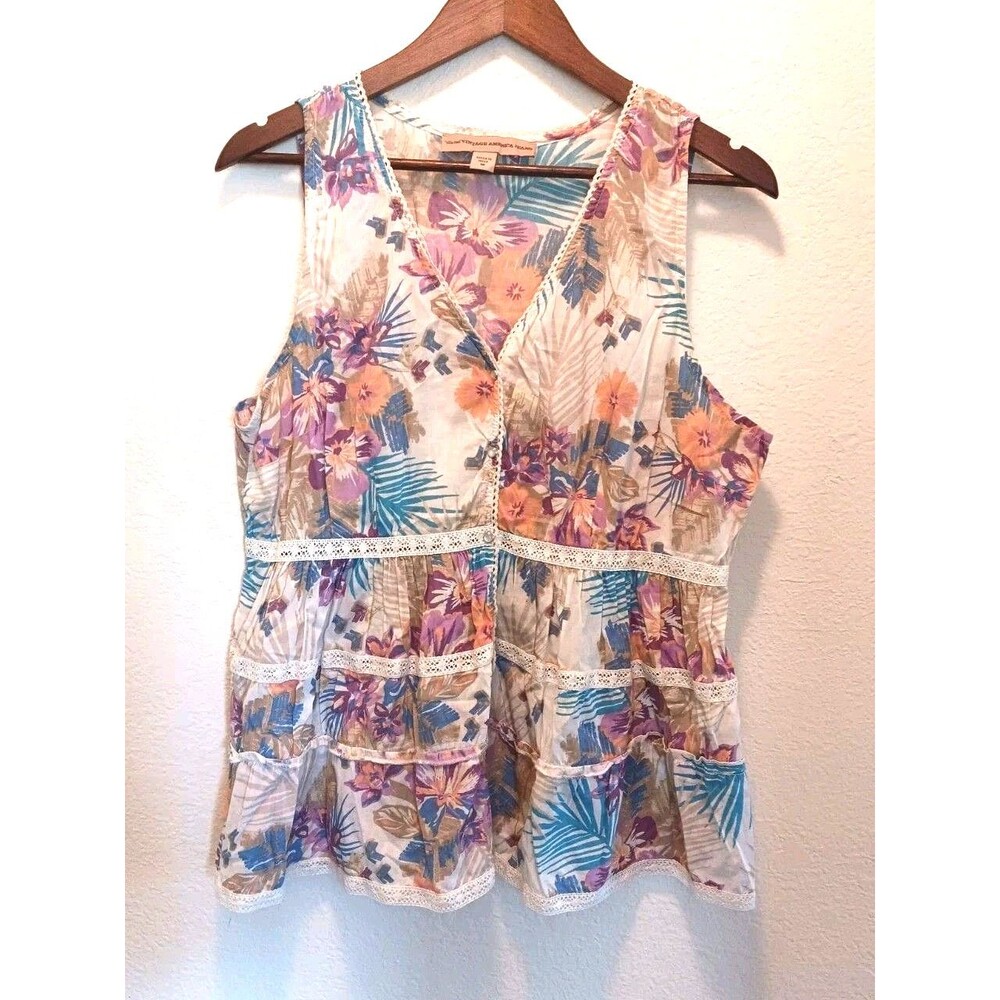 Nine West Vintage America Jeans Sleeveless Blouse SZ M Pearl Snap Buttons Floral